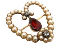 Georgian Heart Shaped Brooch Set with a Garnet, Natural Split Pearls & Diamonds