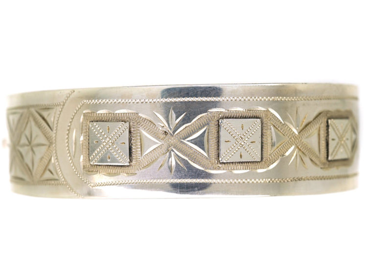 Victorian Silver Bangle With Square & Criss Cross Buckle Design