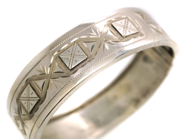 Victorian Silver Bangle With Square & Criss Cross Buckle Design