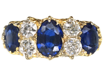 Victorian 18ct Gold, Three Stone Sapphire & Diamond Carved Half Hoop Ring