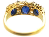 Victorian 18ct Gold, Three Stone Sapphire & Diamond Carved Half Hoop Ring