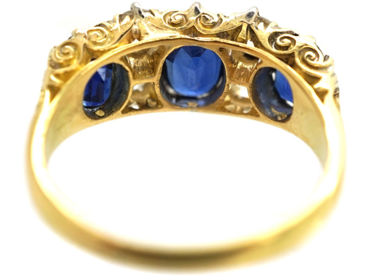 Victorian 18ct Gold, Three Stone Sapphire & Diamond Carved Half Hoop Ring