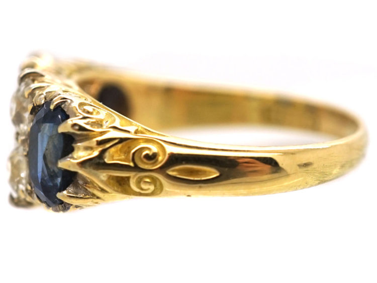 Victorian 18ct Gold, Three Stone Sapphire & Diamond Carved Half Hoop Ring
