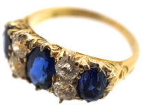 Victorian 18ct Gold, Three Stone Sapphire & Diamond Carved Half Hoop Ring