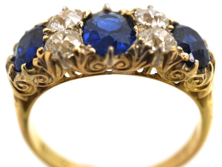 Victorian 18ct Gold, Three Stone Sapphire & Diamond Carved Half Hoop Ring