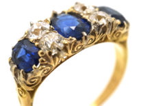 Victorian 18ct Gold, Three Stone Sapphire & Diamond Carved Half Hoop Ring
