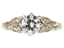 Art Deco Solitaire Diamond Ring With Diamond Set Leaf Shoulders