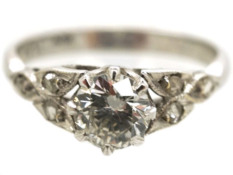 Art Deco Solitaire Diamond Ring With Diamond Set Leaf Shoulders