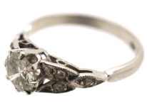 Art Deco Solitaire Diamond Ring With Diamond Set Leaf Shoulders