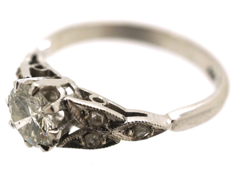 Art Deco Solitaire Diamond Ring With Diamond Set Leaf Shoulders
