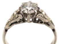 Art Deco Solitaire Diamond Ring With Diamond Set Leaf Shoulders