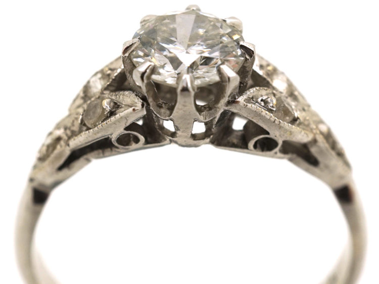 Art Deco Solitaire Diamond Ring With Diamond Set Leaf Shoulders
