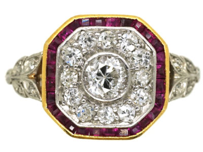 Art Deco 18ct Gold, Platinum, Ruby & Diamond Octagonal Ring