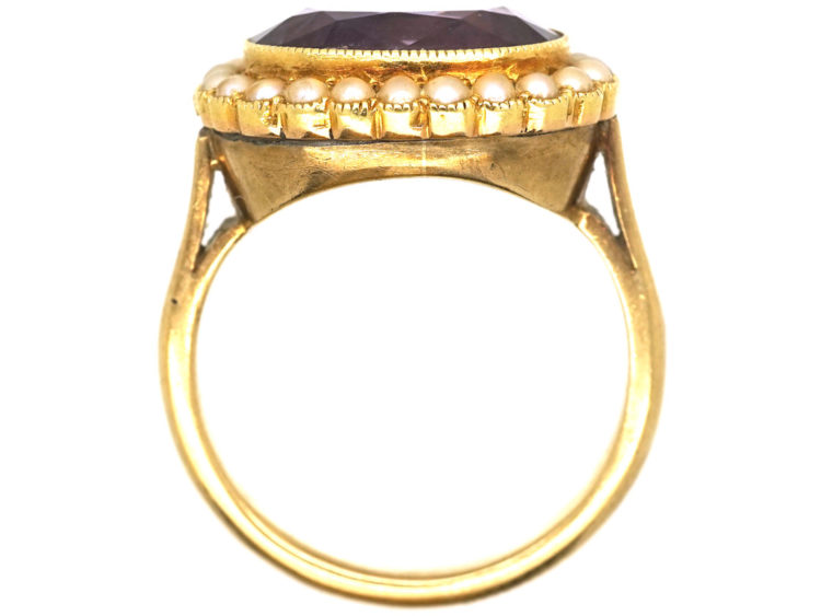 Edwardian 18ct Gold Amethyst & Natural Split Pearl Oval Cluster Ring