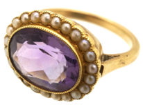 Edwardian 18ct Gold Amethyst & Natural Split Pearl Oval Cluster Ring