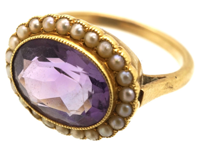 Edwardian 18ct Gold Amethyst & Natural Split Pearl Oval Cluster Ring