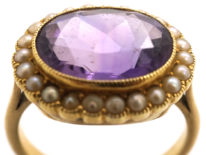 Edwardian 18ct Gold Amethyst & Natural Split Pearl Oval Cluster Ring