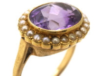 Edwardian 18ct Gold Amethyst & Natural Split Pearl Oval Cluster Ring
