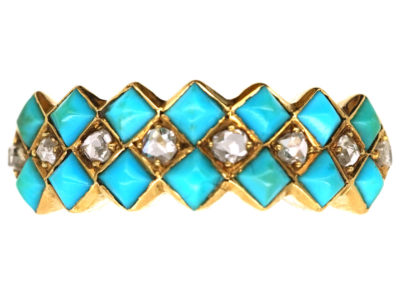 Victorian 18ct Gold, Turquoise & Diamond Zig Zag Ring