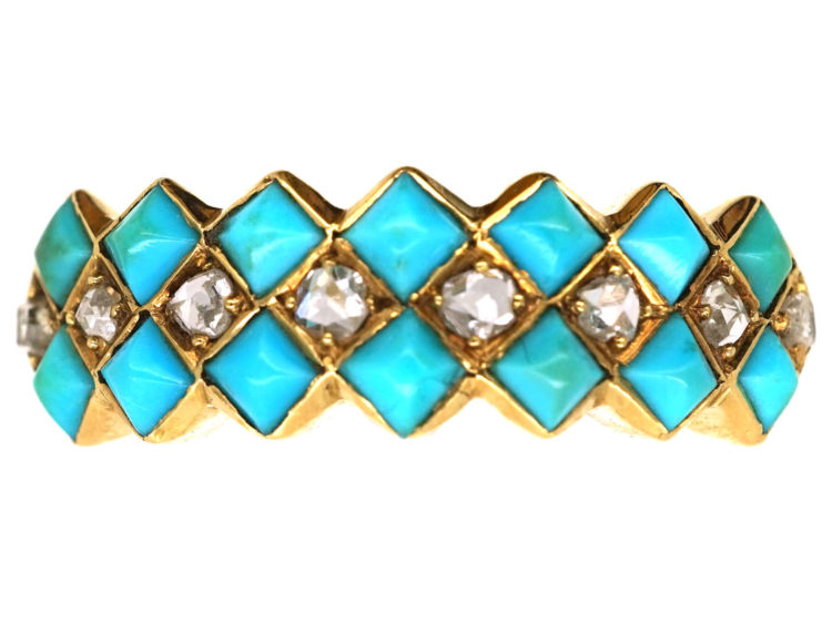Victorian 18ct Gold, Turquoise & Diamond Zig Zag Ring