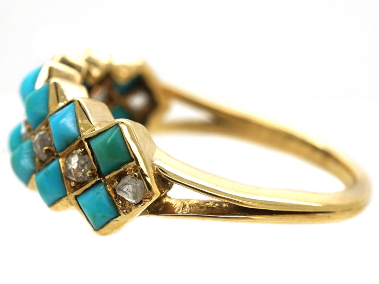 Victorian 18ct Gold, Turquoise & Diamond Zig Zag Ring