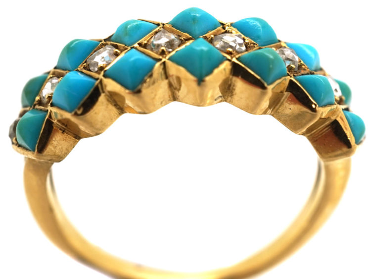 Victorian 18ct Gold, Turquoise & Diamond Zig Zag Ring
