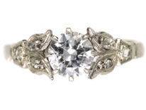 Art Deco Diamond Solitaire Ring With Diamond Set Leaf Shoulders