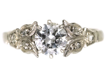 Art Deco Diamond Solitaire Ring With Diamond Set Leaf Shoulders