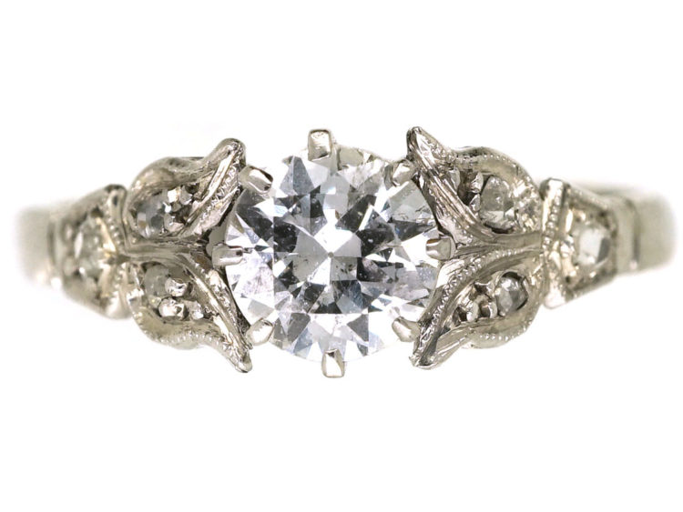 Art Deco Diamond Solitaire Ring With Diamond Set Leaf Shoulders