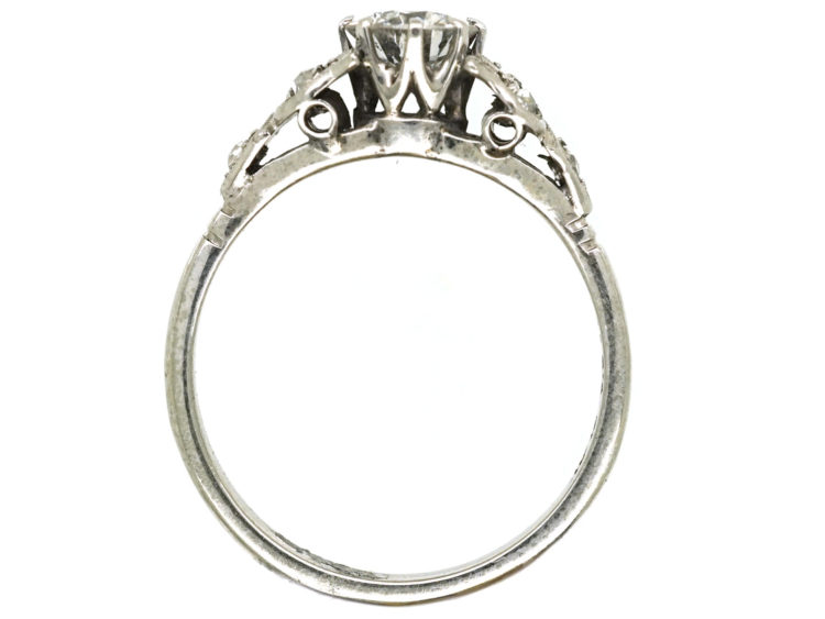 Art Deco Diamond Solitaire Ring With Diamond Set Leaf Shoulders