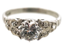 Art Deco Diamond Solitaire Ring With Diamond Set Leaf Shoulders
