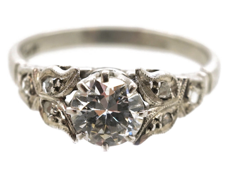 Art Deco Diamond Solitaire Ring With Diamond Set Leaf Shoulders