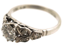 Art Deco Diamond Solitaire Ring With Diamond Set Leaf Shoulders