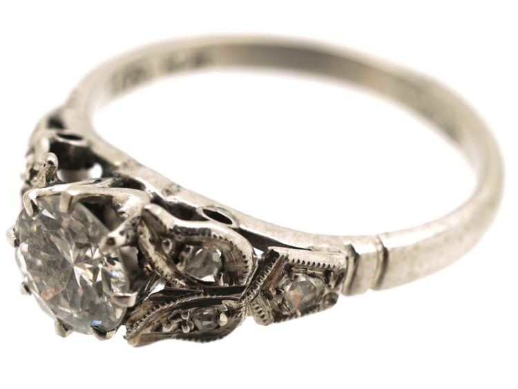 Art Deco Diamond Solitaire Ring With Diamond Set Leaf Shoulders
