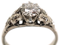 Art Deco Diamond Solitaire Ring With Diamond Set Leaf Shoulders
