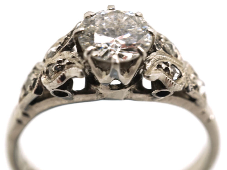 Art Deco Diamond Solitaire Ring With Diamond Set Leaf Shoulders