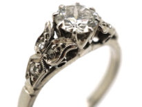 Art Deco Diamond Solitaire Ring With Diamond Set Leaf Shoulders