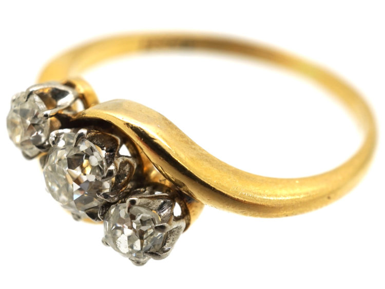 Edwardian 18ct Gold & Platinum Three Stone Diamond Crossover Ring