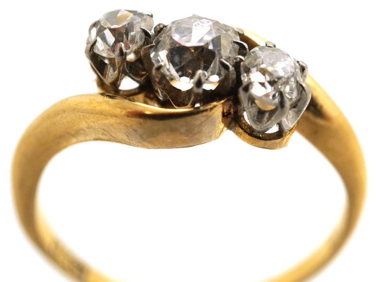 Edwardian 18ct Gold & Platinum Three Stone Diamond Crossover Ring