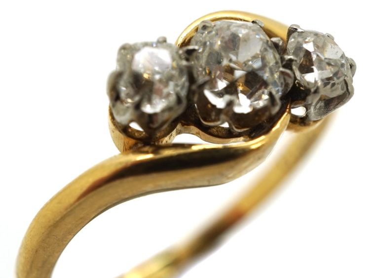 Edwardian 18ct Gold & Platinum Three Stone Diamond Crossover Ring