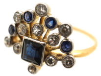Edwardian 18ct Gold & Platinum, Sapphire & Diamond Firework Ring