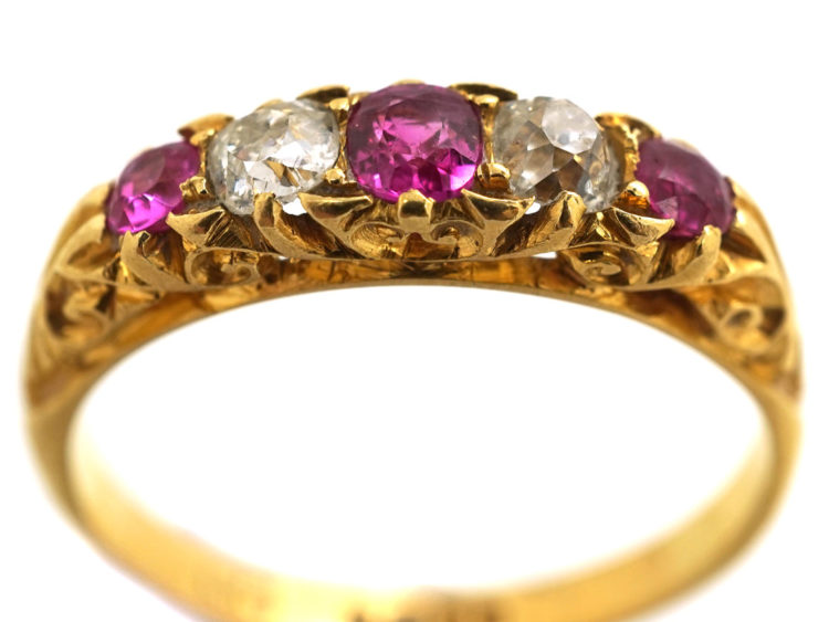Edwardian Ruby & Diamond Five Stone Carved Half Hoop Ring