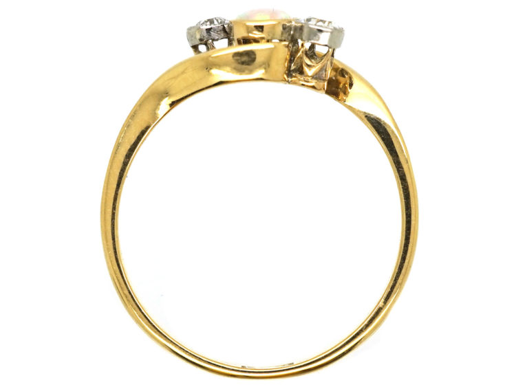 Edwardian 18ct Gold Crossover Ring Set With an Opal & Two Diamonds