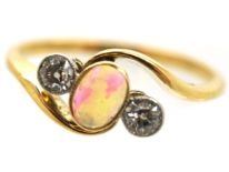 Edwardian 18ct Gold Crossover Ring Set With an Opal & Two Diamonds