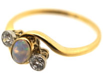Edwardian 18ct Gold Crossover Ring Set With an Opal & Two Diamonds