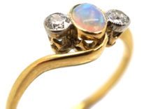 Edwardian 18ct Gold Crossover Ring Set With an Opal & Two Diamonds