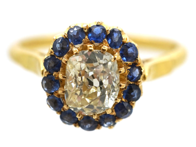 Edwardian 18ct Gold, Diamond & Sapphire Cluster Ring