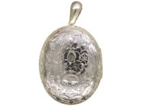 Victorian Large Silver Oval Locket With Flower Engraved Decoration