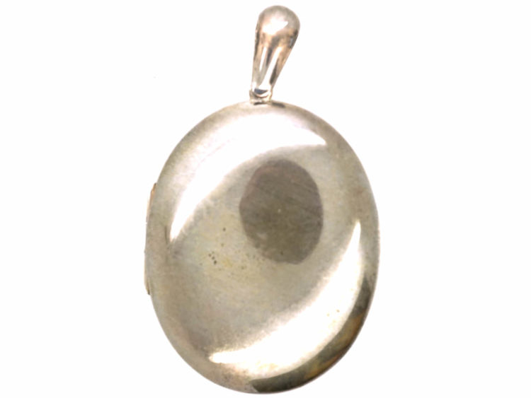 Victorian Large Silver Oval Locket With Flower Engraved Decoration