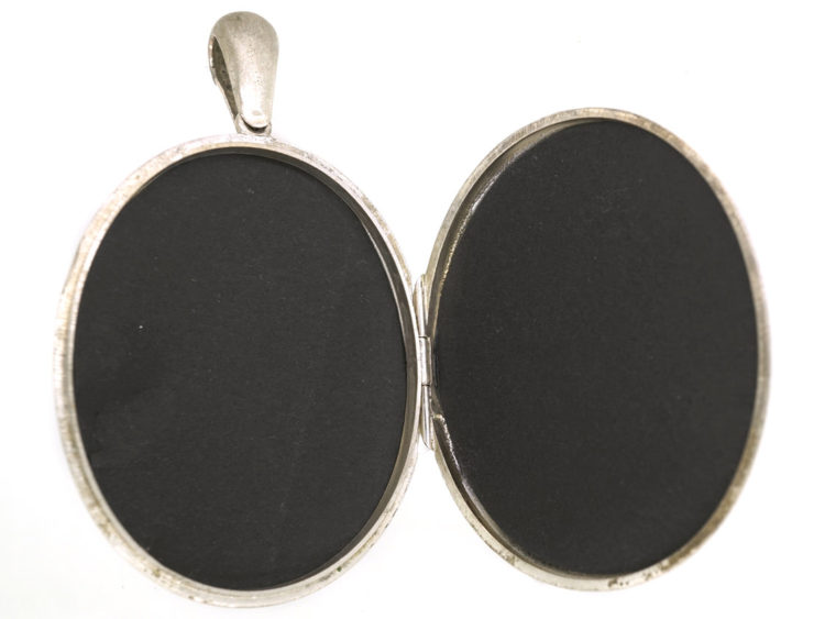 Victorian Large Silver Oval Locket With Flower Engraved Decoration